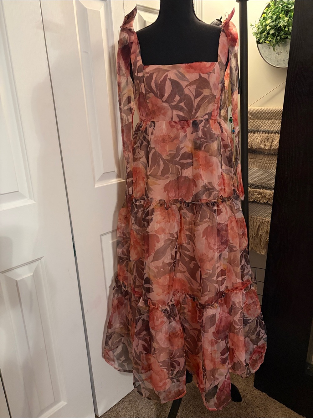 Ina Fashion Organza Floral Tiered Midi Dress in Pink and Brown Tones